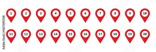 Set of red map marker point with 1 to 20 number icon collection.