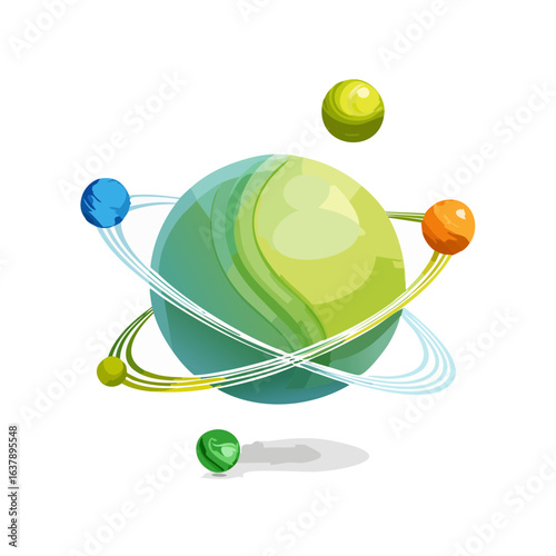 Abstract green planet with orbital rings, orbiting colorful moons in space