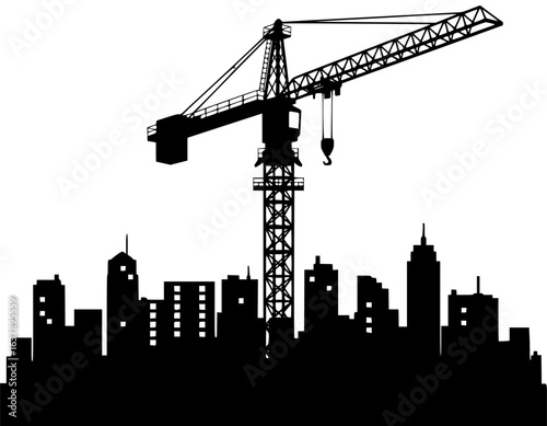 Crane lifting heavy cargo and working at night in cityscape