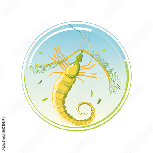 Stylized Fairy Shrimp Illustration in Circle, Aquatic Animal, Vector Art