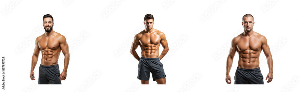 Fototapeta premium Fitness models posing studio bright lighting front male aesthetics and strength. Cut out PNG set