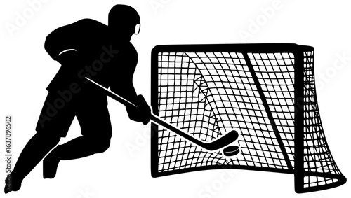 Hockey player scores goal with hockey puck flying through air and goalie making save