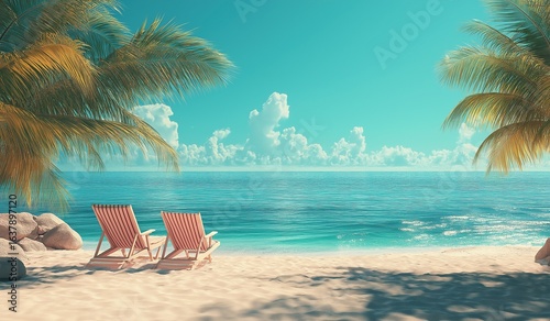 Fototapeta Naklejka Na Ścianę i Meble -  Tropical summer beach scene with empty chairs under palm trees along the shoreline, serene coastal vacation concept ideal for travel posters or wallpaper designs