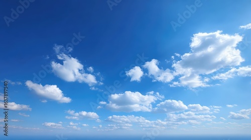 Vibrant Blue Sky with Fluffy White Clouds on a Sunny Day, High-Resolution Atmospheric Scene