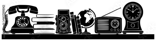 Shelf holding books and decorative items with folded clothes beauty products