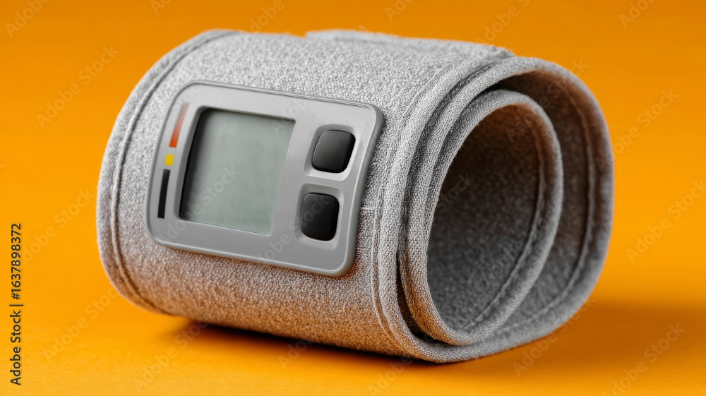 Fototapeta premium Digital wrist blood pressure monitor on orange background.