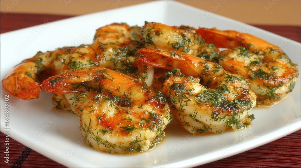 Grilled shrimps seasoned with rosemary and dill on a white plate, perfect for summer barbecues and seafood lovers Grilled shrimps seasoned with rosemary and dill on a white plate, perfect for summer barbecues and seafood lovers