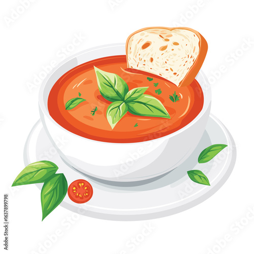 flat vector of a bowl of tomato soup with basil and bread on the side