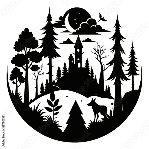 Forest Fable vector clean black silhouette design white background
