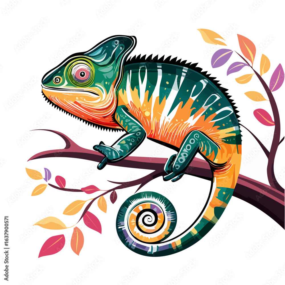 Obraz premium Colorful Chameleon on Branch Illustration with Graphic Style Isolated