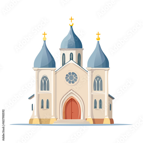 Illustration of church with cross, dome, and towers on black background.