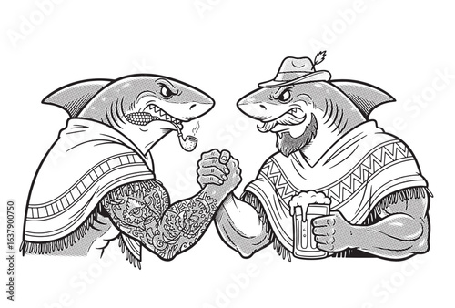 Two muscular anthropomorphic sharks arm wrestling, covered in tattoos, one wearing hat and cigar, drawn in vintage style.