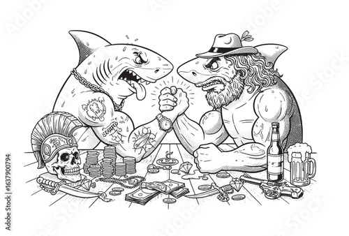 Two muscular anthropomorphic sharks arm wrestling, covered in tattoos, one wearing hat and cigar, drawn in vintage style.
