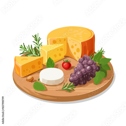 Cheese platter illustration with yellow cheeses, soft white cheese, grapes and tomato.