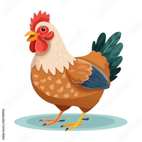Illustration of a Standing Cartoon Hen with Colorful Feathers and a Red Comb and Wattle Poultry Fowl Chicken Farm Animal