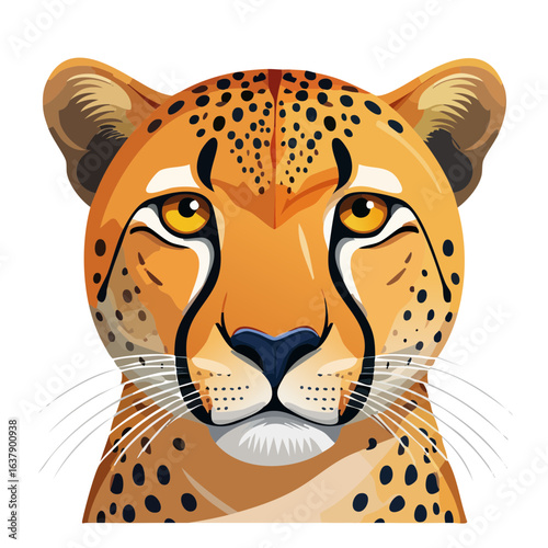 Cheetah portrait illustration with black spots on tan fur and piercing golden eyes against a black background