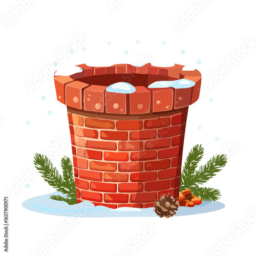 Cartoon chimney with snow, pine branches, and cones, on a black background, winter holiday season decoration, Christmas.