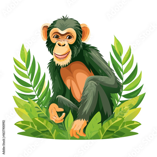 Cartoon Chimpanzee Sitting Surrounded by Jungle Leaves on Black Background
