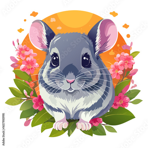 Cute chinchilla illustration with pink flowers and bright orange background playful and whimsical animal design