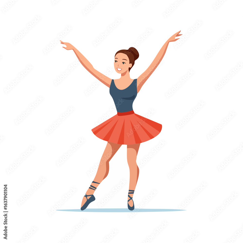 Obraz premium Elegant ballerina in red tutu dancing with arms raised, performing ballet on stage in dance studio, gracefully posed