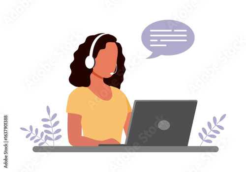 Call center concept. Female operator with headphone at laptop. Feedback, FAQs and technical support. Frequently asked questions vector illustration.