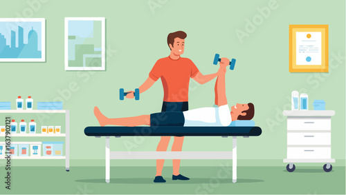 Physical therapist helping a patient with dumbbell exercises during a rehabilitation session in a clinic.