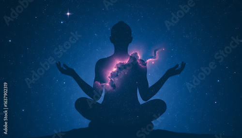 Person silhouette meditating with glowing pink nebula inside under starry night sky