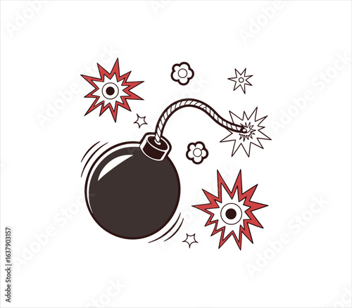 Cartoon Bomb Icon with Explosions and Sparkles on White Background Danger Concept Design