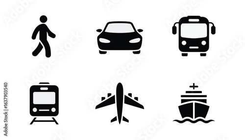 Black and white transportation icons set featuring walking person, car, bus, train, airplane, and ship symbols for travel, transport, and commuting concepts.