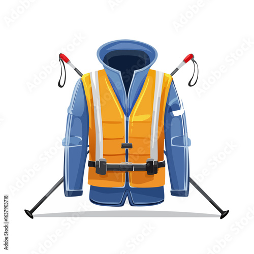 Cartoon winter hiking clothing with walking poles warm jacket safety vest cold weather apparel snow gear outdoor adventure