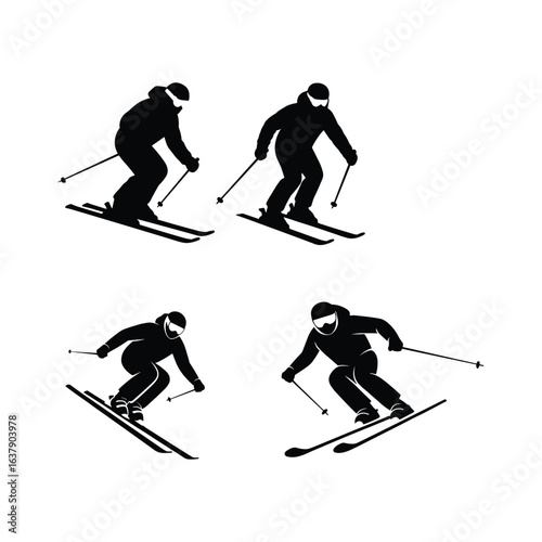 Skier Silhouette Set, Alpine Downhill Skiing Poses, Winter Sports Vector Icons Collection, Extreme Snow Action, Isolated Black Figures on White Background Illustration.