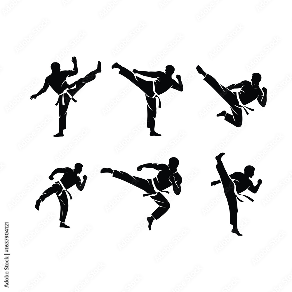 Obraz premium Martial arts fighter silhouettes set performing high kicks and jump strikes, karate taekwondo training poses vector illustration, combat sports fitness icon