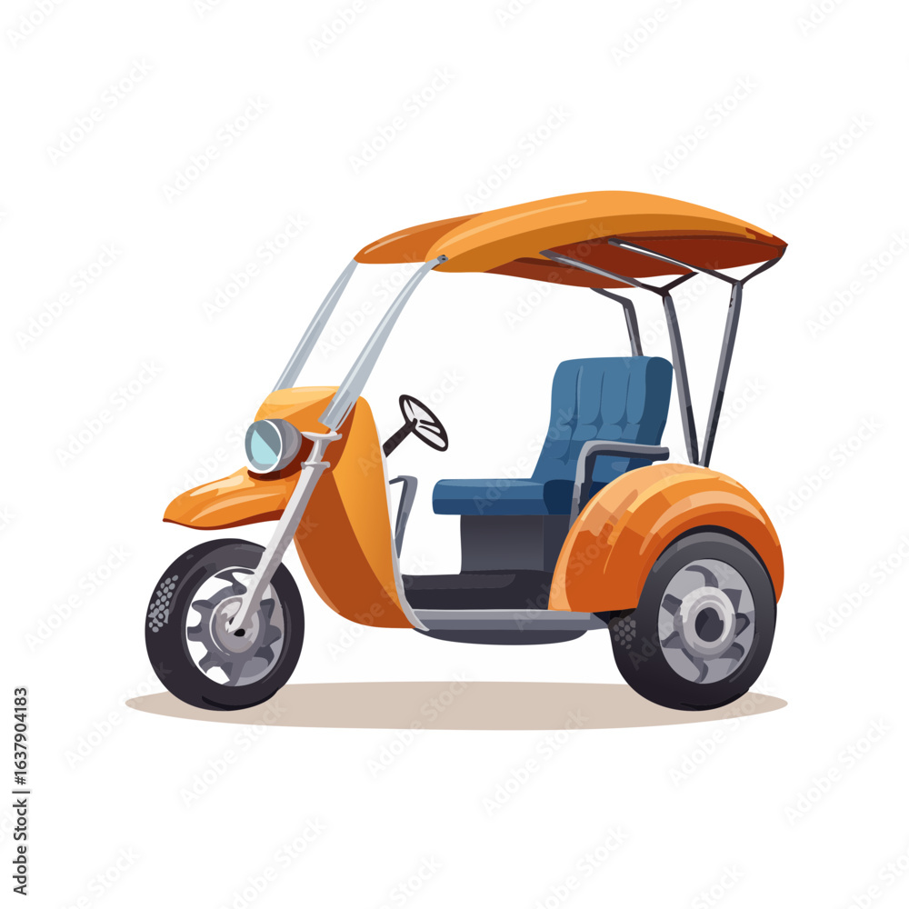 Fototapeta premium Fun orange three-wheeled vehicle illustration featuring a covered roof and a blue seat against black backdrop.