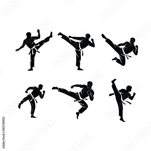 Martial arts fighter silhouettes set performing high kicks and jump strikes, karate taekwondo training poses vector illustration, combat sports fitness icon