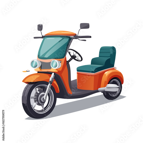 Orange motor scooter cartoon illustration, electric vehicle transportation for urban commuting.