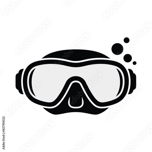 Scuba diving mask silhouette vector icon with bubbles, goggles for snorkeling, marine adventure equipment illustration isolated on white, travel watersport ocean design.