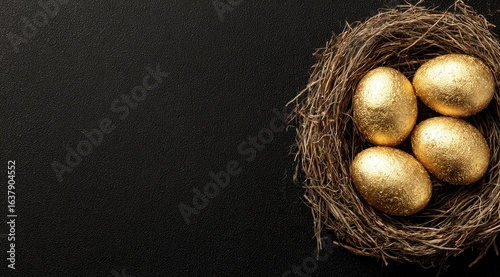 Golden eggs in a nest on a dark background