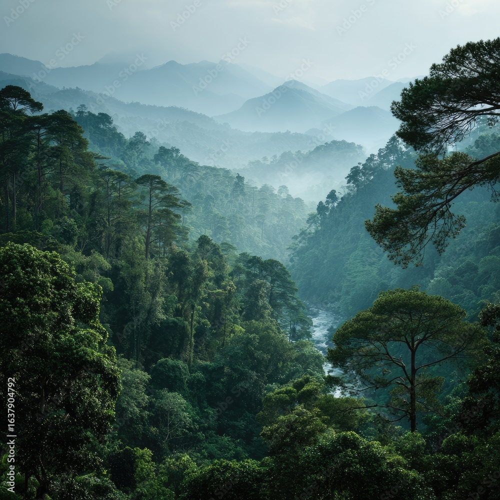 Fototapeta premium Misty mountain valley, lush green forest