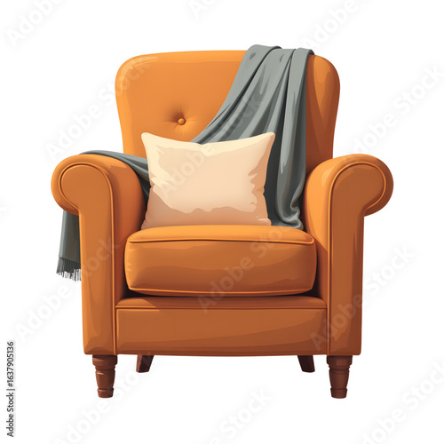 Cozy reading chair with cushion and throw blanket, home comfort