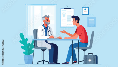 Doctor and patient talking during a medical consultation in a clinic office. Vector illustration.