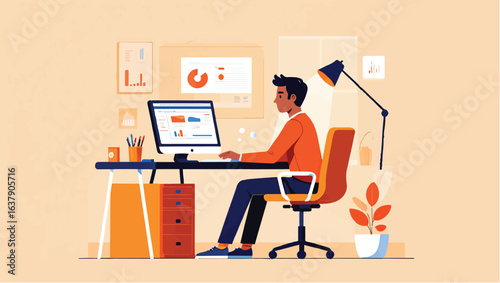 Male professional working remotely at a desk with a computer. Vector illustration.