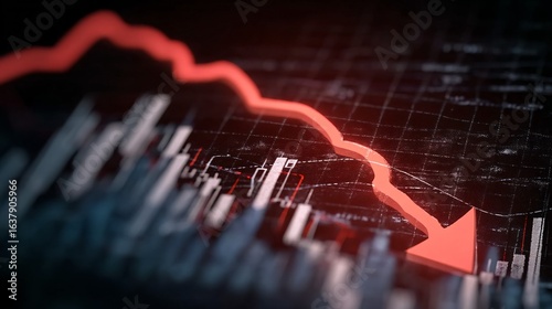 a downward arrow graph on a digital screen, symbolizing financial loss, with stock charts in the background, representing economic decline, recession, market downturn in modern business and finance