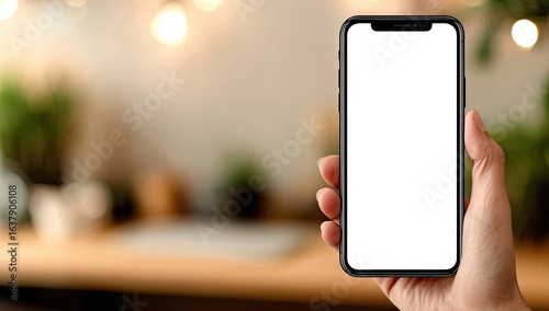 Hand holding a smartphone with a blank screen in a blurred interior setting.