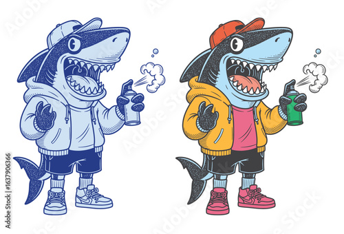 Cartoon shark in streetwear spraying graffiti paint, wearing hoodie, sneakers, and cap, urban hip-hop style illustration.mix 20