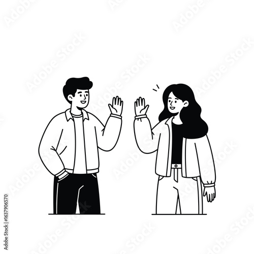 Friendly young man and woman waving hello a minimalist black and white line art illustration.
