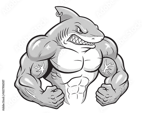 muscular shark mascot illustration with clenched fists, comic cartoon, aggressive expression, and bold cartoon style.