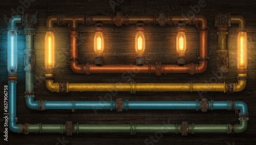 Industrial-style light fixture with pipes and warm incandescent lights
