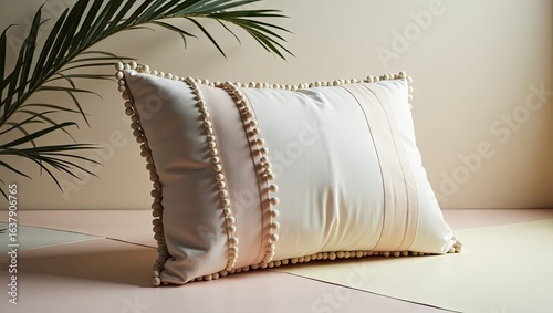Cream colored decorative throw pillow with beige pom-pom trim and blush pink stripes.