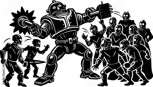 A group of cartoon characters are fighting with a robot        