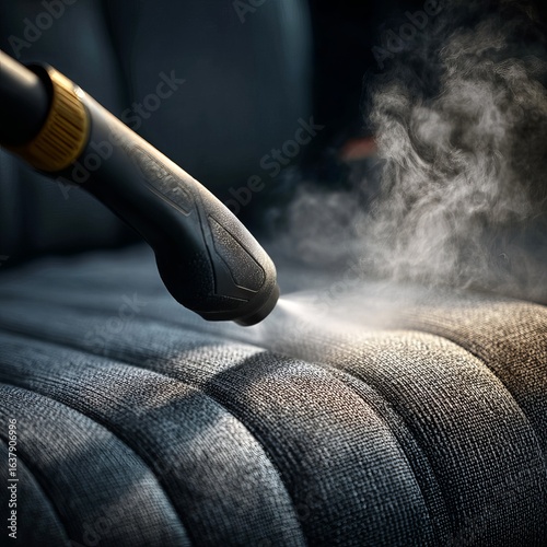 Close-up of a handheld Karcher steam cleaner sanitising a fabric car seat, steam visibly rising, deep cleaning effect, clean and fresh upholstery texture, professional detail shot 